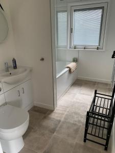 a white bathroom with a toilet and a sink at Wheal Rock - Luxury 2 Bed Lodge in St. Agnes +25 photos
