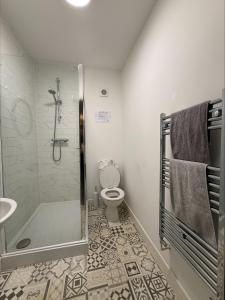 a bathroom with a shower and a toilet at Room in Melrose Shared House in Hull