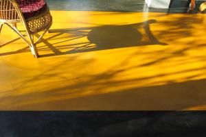 a shadow of a chair on a yellow floor at Clayfingers Art Cottage in Trichūr