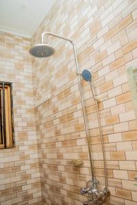 a shower in a bathroom with a brick wall at Breezy Lodge in Moshi +119 photos