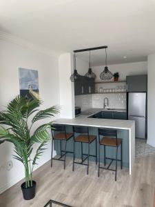 a kitchen with a island with bar stools and a plant at Modern and Spacious Apt5 Sleeps 6 Free Parking in Galway