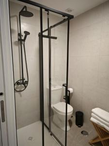 a bathroom with a toilet and a glass shower stall at La Plácida in Cáceres +10 photos