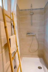 a bathroom with a shower with a ladder in it at Anse Caraïbes Appartement in Les Trois-Îlets