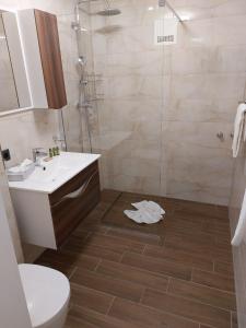 ein Badezimmer mit Toilette, Waschbecken und Dusche in der Unterkunft APPARTEMENT 305 - Natur & SPA - Ponyhof & Streichelzoo - #allgäuresidenz in Wiggensbach + 26 Fotos