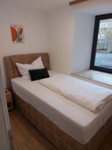 ein Bett in einem Zimmer mit Fenster in der Unterkunft APPARTEMENT 305 - Natur & SPA - Ponyhof & Streichelzoo - #allgäuresidenz in Wiggensbach
