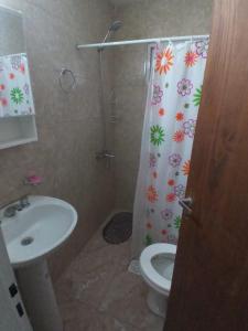 a bathroom with a toilet and a shower curtain at Frutos de la Tierra in Comodoro Rivadavia