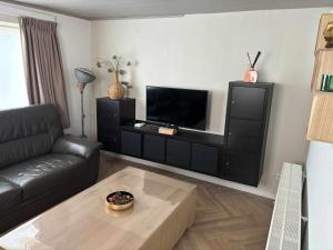 a living room with a couch and a tv at Vakantiechalet Tip 30 op vakantiepark de Heische Tip in Zeeland