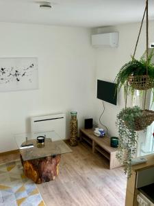 a living room with a table and some plants at Le patio, T2 en centre ville in Montauban