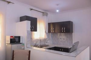 a kitchen with a sink and a microwave at The Host Haven in Lotus Island