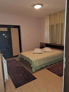 a bedroom with a bed and a large window at Pensiunea Daria in Căşeiu