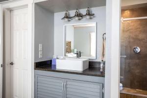 un baño con lavabo y espejo en Kitchen Walk-in Shower One block off Main, en Fredericksburg