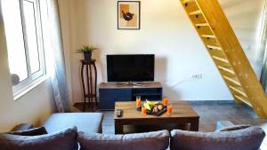 a living room with a couch and a tv at Villa Voleonas-private pool & olive grove Chania in Kounoupidhianá