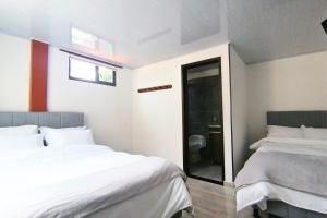 a bedroom with two beds and a mirror at Apto 204 Apartahotel Los Pinos in Sáchica