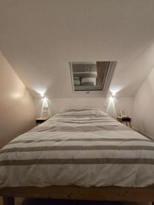 ストラスブールにあるCombles dans le quartier de la gare de Strasbourgのベッドルーム1室(大型ベッド1台、ランプ2つ付)