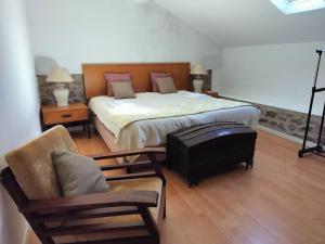 a bedroom with a bed and a chair and a suitcase at 3 Marias da Fonte in Lousa
