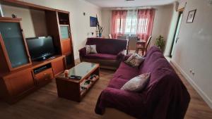 a living room with a purple couch and a tv at Rooms_Heart Apartment in Faro