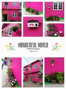 a collage of pictures of a pink house with flowers at Baan Busaya บ้านบุษยา in Ban Khlong Phutsa