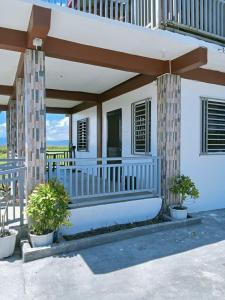 a house with a porch with two potted plants at Cairnes Farm House in Bambang