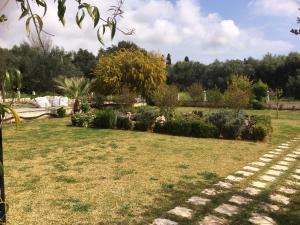a garden with a pathway in the grass at Sunny Studios in Svoronata