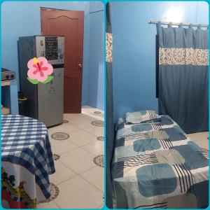 2 fotos de una habitación con cama y nevera en Canelita house, en Puerto Villamil