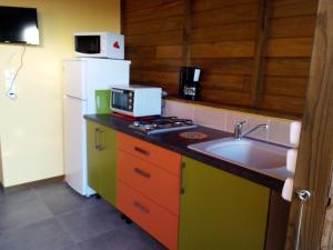 a kitchen with a sink and a white refrigerator at Gites Les Palmiers in Bouillante