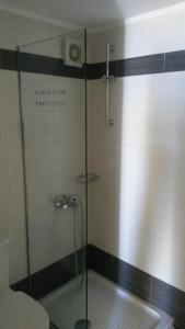 a shower with a glass door in a bathroom at Nikos & Anna Rooms in Rodakino