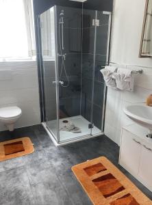 Un baño con ducha, inodoro y lavabo. en Gästezimmer Gasthof Becker, en Wülfrath 66 fotos más