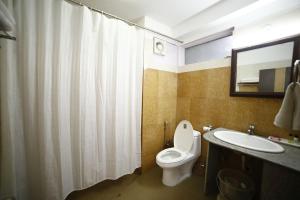 a bathroom with a toilet and a sink and a mirror at Hotel Sikkim Tourist Centre in Pelling