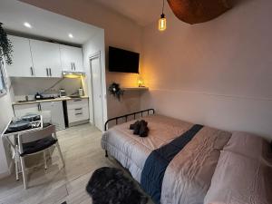 una camera da letto con un letto, una scrivania e una cucina di Hermoso apartamento estudio en el centro de Madrid a Madrid Altre 3 foto