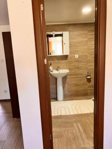 a bathroom with a sink and a mirror at Cazare pentru grupuri si muncitori in Căşeiu