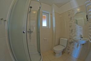 a bathroom with a shower and a toilet and a sink at Pokoje i Restauracja Jantarowa in Jantar