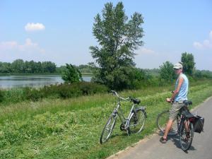 een man die naast twee fietsen op een weg staat bij Tisza Lodge B&B - Panzió in Tiszaderzs