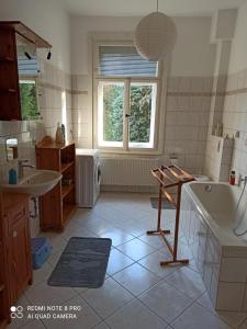 a bathroom with two sinks and a tub and a window at Familienfreundliche Ferienwohnung in Benneckenstein