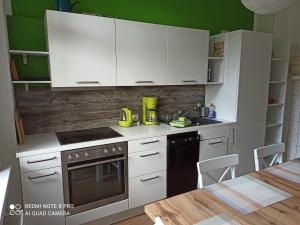 a kitchen with white cabinets and a stove top oven at Familienfreundliche Ferienwohnung in Benneckenstein +7 photos