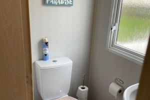 a bathroom with a white toilet and a window at 3 Bed-Sleeps 8-Pet Friendly-Parking-Sea View in Exmouth +10 photos