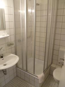 a bathroom with a shower and a sink at Hotel van Lendt garni in Dülmen