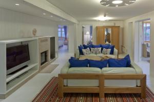 a living room with a couch and a tv at Vila Balta Balta in Nida