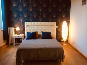 a bedroom with a large bed with blue pillows at Le Lion d Or chb double wifi 9 in Écueillé