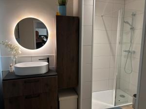 a bathroom with a sink and a mirror at Appartement Calina in Freyming +5 photos