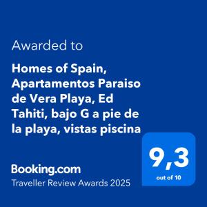 Certifikát, ocenenie alebo iný dokument vystavený v ubytovaní Homes of Spain, Apartamentos Paraiso de Vera Playa, Ed Tahiti, bajo G a pie de la playa, vistas piscina