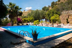 a large blue swimming pool with a mountain in the background at Bohemian Villa Malaga in Alora