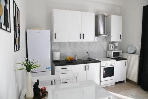 a kitchen with white cabinets and a white refrigerator at Didis Place Nafplio in Nafplio