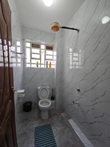a white bathroom with a toilet and a shower at Treands Apartments in Nakuru +8 photos