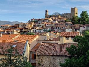 a view of a town with roofs and a castle at ISHTa in Vernet-les-Bains