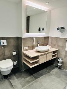 a bathroom with a sink and a toilet and a mirror at Apartment Happy Holiday - neu renoviert, gemütlich in ruhiger Lage in Schliersee +4 photos