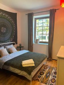 a bedroom with a bed with a window and a rug at Pastelowa Czantoria in Ustroń +54 photos
