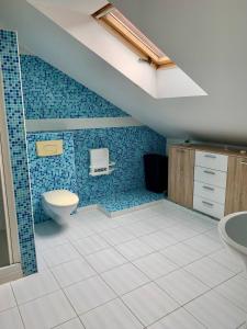 baño con aseo y suelo de baldosa azul en Large Duplex near Luxembourg, en Longwy 25 fotos más