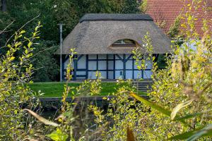 a small house with a thatched roof at Ferienhaus Kiebitzmoor 7 in Bad Bederkesa