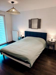 a bedroom with a large bed with a blue headboard at LeT2 Appartement Moderne avec Terrasse et Parking in Strasbourg +12 photos