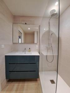 a bathroom with a sink and a shower at Maison - Au bord de la Dordogne - Périgord in Castelnaud La Chapelle +10 photos